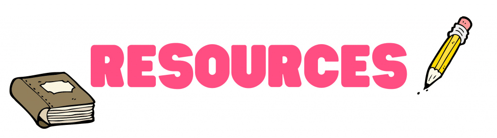 A cartoon notebook and a pencil are either side of a caption that says 'resources'