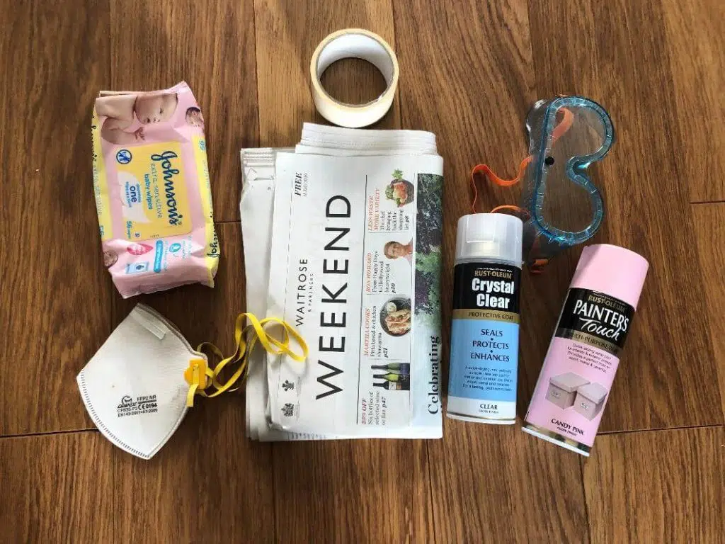collection of tools you need, baby wipes, mask, newspaper, tape, goggles and spray paint