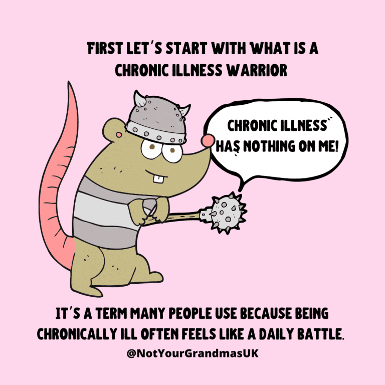 First let’s start with What is a chronic illness warrior. A cartoon mouse in warrior gear is saying, 'chronic illness has nothing on me!' below it says, It’s a term many people use because being chronically ill often feels like a daily battle.