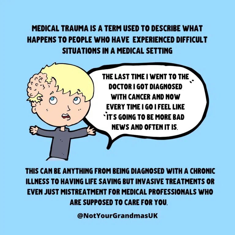 Heading: medical trauma is a term used to describe what happens to people who have experienced difficult situations in a medical setting a boy with half a shaved head is saying 'the last time i went to the doctor i got diagnosed with cancer and now every time i go i feel like it's going to be more bad news and often it is.' Below the text reads, this can be anything from being diagnosed with a chronic illness to having life saving but invasive treatments or even just mistreatment for medical professionals who are supposed to care for you. '