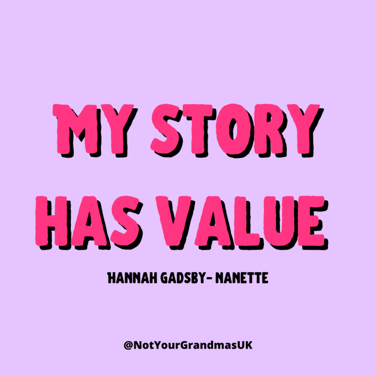Pink writing on a purple background says 'my story has value'