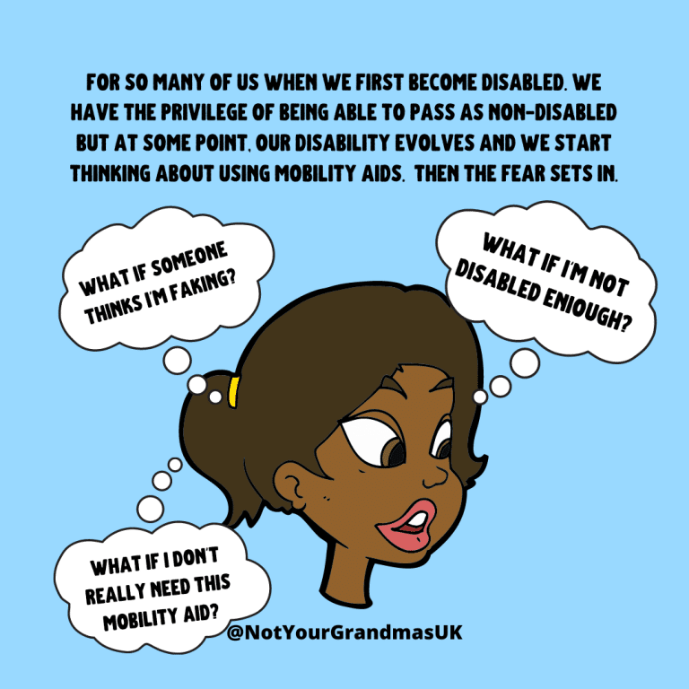 Texts reads, 'for so many of us when we first become disabled. we have the privilege of being able to pass as non-disabled but at some point, our disability evolves and we start thinking about using mobility aids. Then the fear sets in.' There are three thought bubbles that say, 'what if someone thinks i'm faking?', 'what if i'm not disabled eniough?' and 'what if i don't really need this mobility aid?'