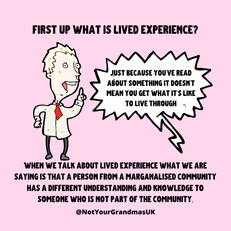 Title 'first up what is lived experience?' Underneath there is a cartoon man saying, 'just because you've read about something it doesn't mean you get what it's like to live through' below the text reads, When we talk about lived experience what we are saying is that a person from a marganalised community has a different understanding and knowledge to someone who is not part of the community.