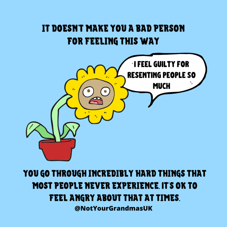 Title: 'It doesn't make you a bad person feeling this way.' a dishevelled flower is saying 'i feel guilty for resenting people so much' below the text reads, 'you go through incredibly hard things that most people never expeirence. It's ok to feel angry about that at times.'