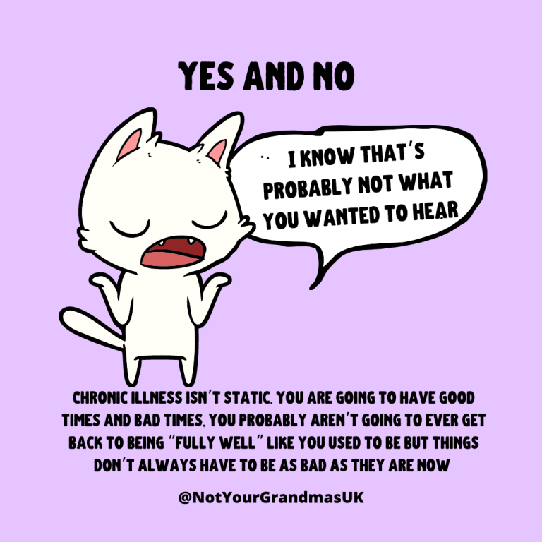 title says 'yes and no' a cartoon white cat is saying 'I know that's probably not what you wanted to hear' below the text reads 'Chronic illness isn’t static. You are going to have good times and bad times, you probably aren’t going to ever get back to being “fully well” like you used to be but things don’t always have to be as bad as they are now'