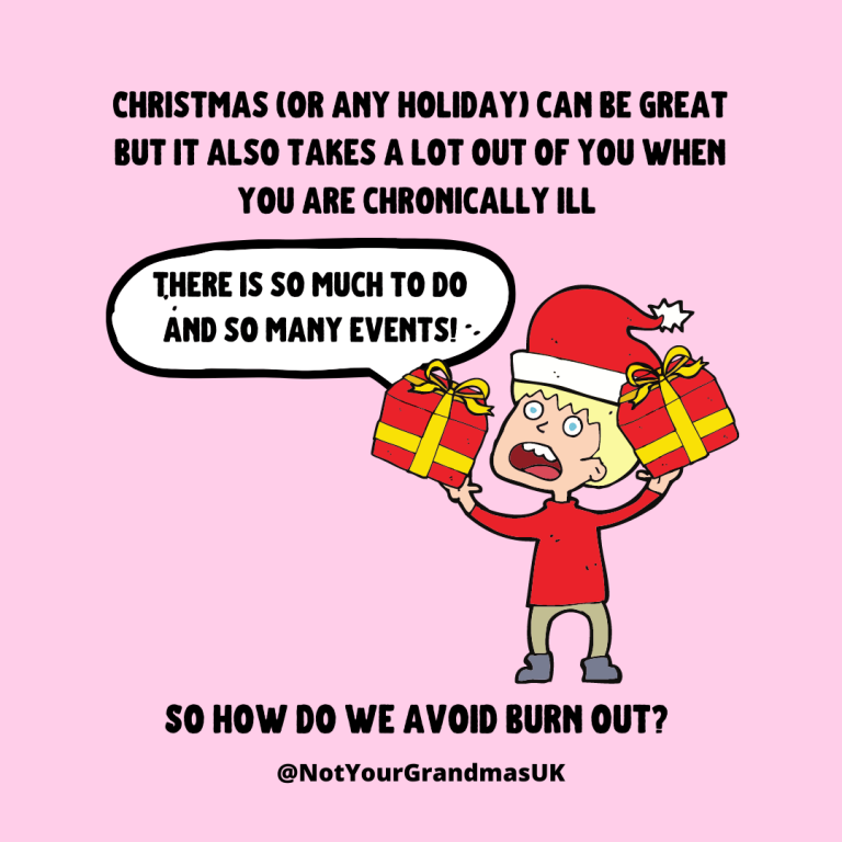 Title 'Christmas (or any holiday) can be great but it also takes a lot out of you when you are chronically ill' below a cartoon man is holding presents and looking stressed, he's saying 'there is so much to do and so many events!' and below it says, 'So how do we avoid burn out?'