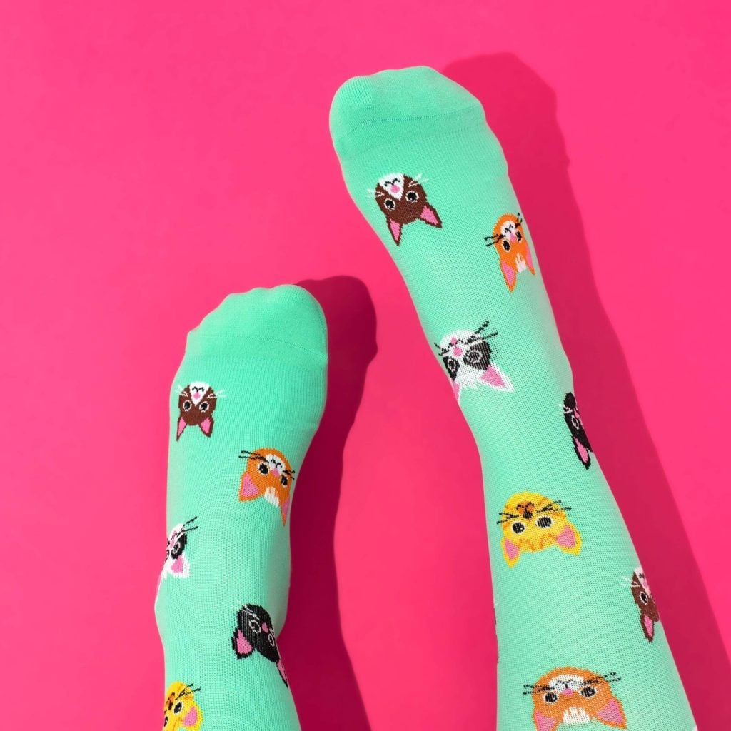 Green cat compression socks on pink background