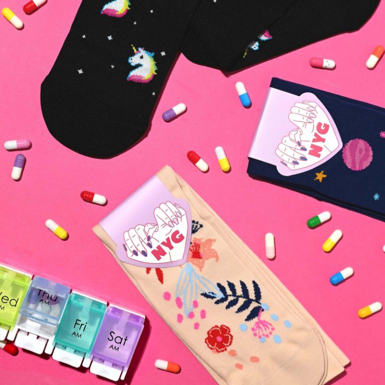 Unicorn, Space and Floral Compression Socks with pillbox and pills