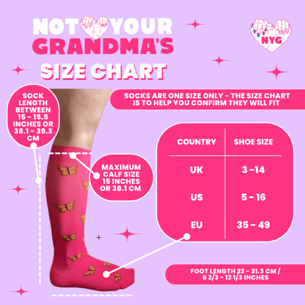 Not Your Grandma's Size Chart. Socks are one size only - the size chart is to help you confirm they will fit. sock length between 15 - 15.5 inches or 38.1 - 39.3 cm. maximum calf size 15 inches or 38.1 cm. Shoe size - UK 3-14 US 5-16 EU 35-49. Foot length 22 - 31.3 cm / 8 2/3 - 12 1/3 inches.