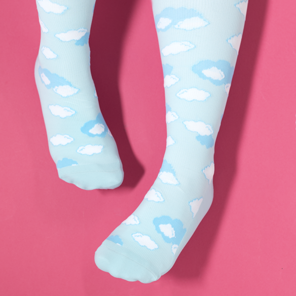 cloud compression socks. Baby blue socks with white cloud pattern