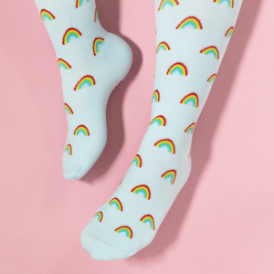 light green compression socks with a rainbow pattern